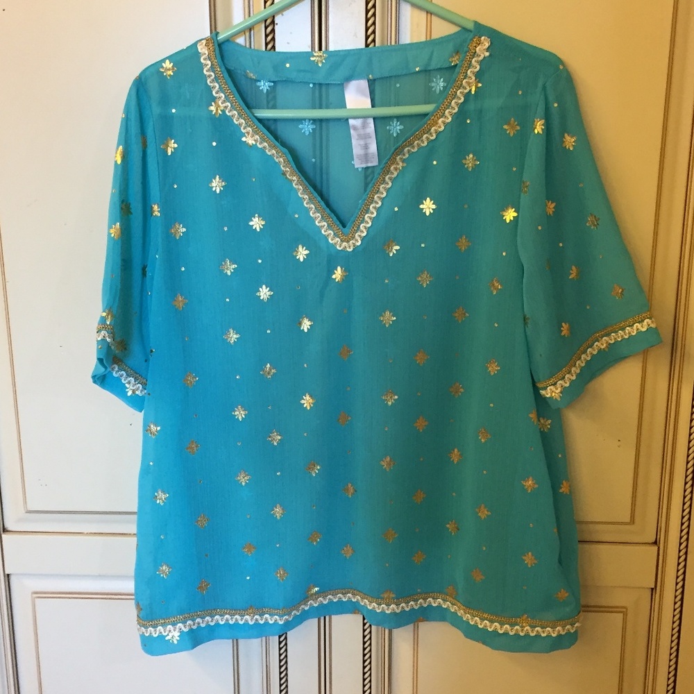 😊3/$15 - Boho Chic Teal & Gold Blouse